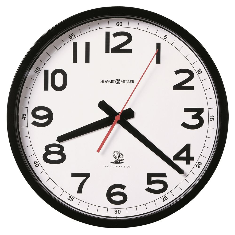 Howard Miller® Accuwave II Wall Clock, White Dial with Black Arabic Numerals, Black Case